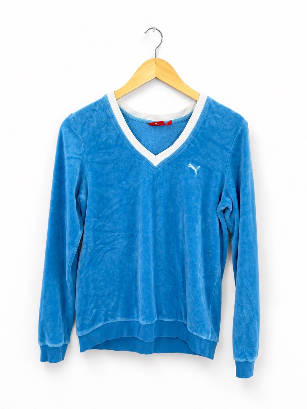 Puma Light Blue Velour V-Neck Sweatshirt with White Trim Retro Y2K
